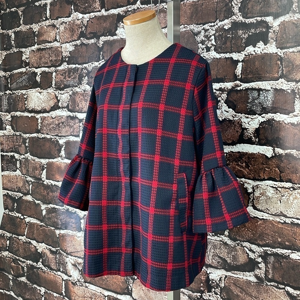 Entro Jacket Women's M Medium Blue Red Plaid Flare Sleeves Waffle Full Zip - Picture 6 of 16